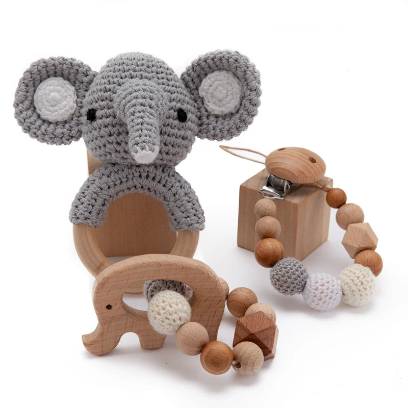 1set Baby Rattle Wooden Crochet Elephant Bells Music Teething Bracelet Pacifier Dummy Clips Gym Play Rodent Baby Products Toy