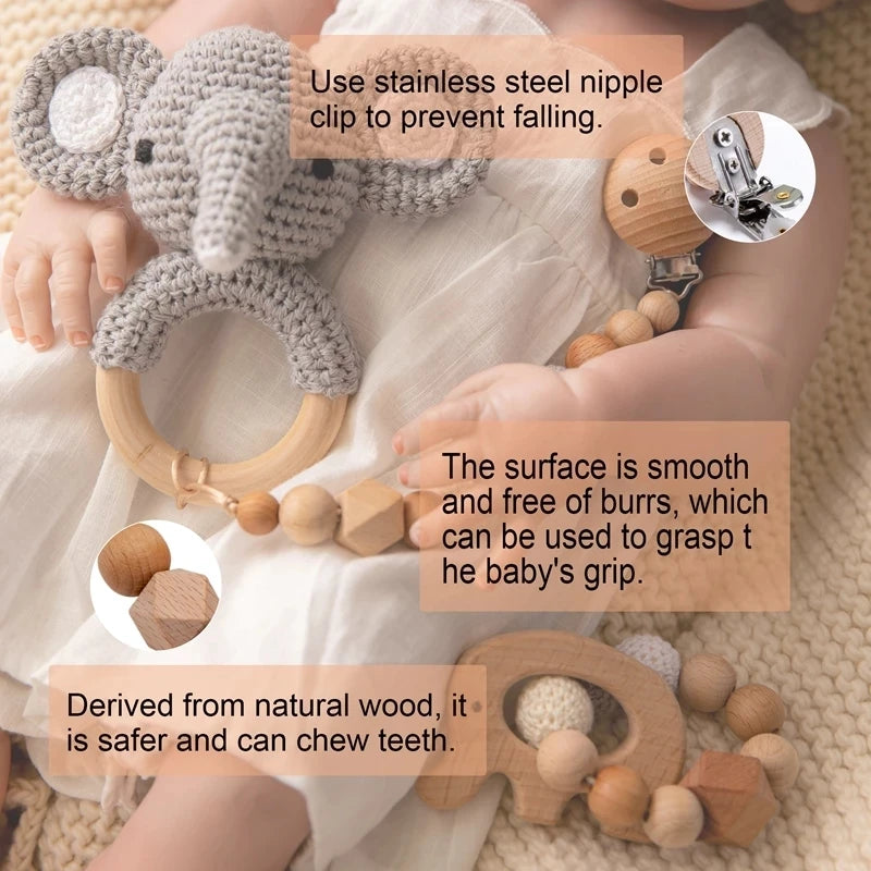 1set Baby Rattle Wooden Crochet Elephant Bells Music Teething Bracelet Pacifier Dummy Clips Gym Play Rodent Baby Products Toy