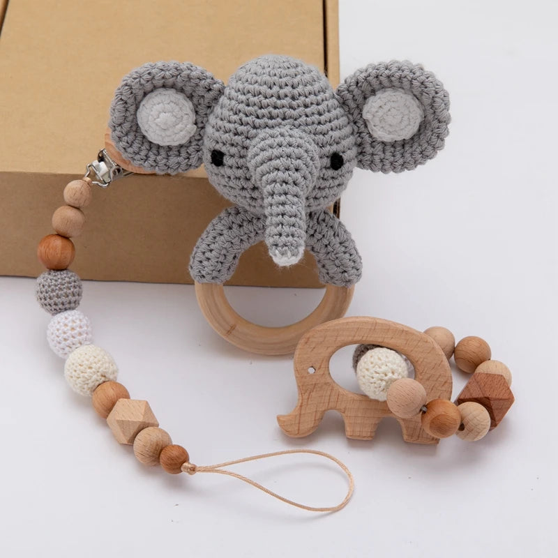 1set Baby Rattle Wooden Crochet Elephant Bells Music Teething Bracelet Pacifier Dummy Clips Gym Play Rodent Baby Products Toy