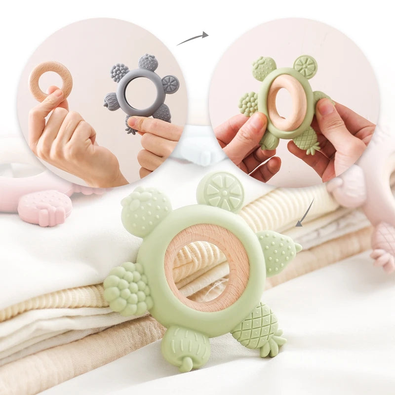 BPA Free Silicone And Wooden Baby Teether